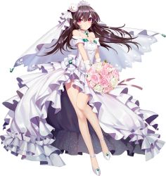 Rule 34 | 1girl, anklet, bare shoulders, bear hair ornament, black hair, blush, bouquet, bridal veil, closed mouth, d. (ddot2018), detached sleeves, diadem, dress, floating hair, flower, full body, gloves, hair between eyes, hair ornament, high heels, iron saga, jewelry, long hair, looking at viewer, necklace, official art, red eyes, short sleeves, solo, standing, su rui (iron saga), su rui (iron saga) (bride), transparent background, veil, wedding dress, white dress, white gloves