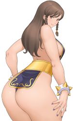 Rule 34 | 1girl, alternate costume, ass, bracelet, braid, breasts, brown eyes, brown hair, capcom, chun-li, closed mouth, commentary request, fingernails, highres, jewelry, lips, looking at viewer, looking back, medium breasts, nail polish, revealing clothes, shigenobu, shiny skin, simple background, smile, solo, spiked bracelet, spikes, street fighter, thong, white background