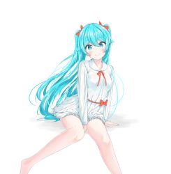 Rule 34 | 1girl, absurdres, arm support, between legs, blue eyes, blue hair, blush, closed mouth, collarbone, dress, floating hair, hair between eyes, hand between legs, hatsune miku, highres, long hair, long sleeves, looking at viewer, mikoo o39, red ribbon, ribbon, short dress, smile, solo, very long hair, vocaloid, white dress