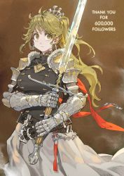 Rule 34 | 1girl, armor, armored dress, belt, blonde hair, breasts, commentary request, cowboy shot, cross, cross earrings, crystal sword, dress, earrings, english text, gauntlets, hair ornament, hair ribbon, headpiece, highres, holding, holding sword, holding weapon, jewelry, jun (navigavi), long hair, looking at viewer, making-of available, milestone celebration, original, pauldrons, ponytail, ribbon, shoulder armor, simple background, skirt, solo, sword, tassel, thank you, weapon