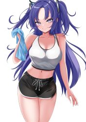 Rule 34 | 1girl, absurdres, black shorts, blue archive, blue eyes, breasts, closed mouth, collarbone, dolphin shorts, hair ornament, halo, highres, holding, holding towel, large breasts, long hair, looking at viewer, midriff, navel, nigori (keydoor), purple hair, short shorts, shorts, simple background, smile, solo, sportswear, stomach, tank top, thighs, towel, two side up, very long hair, white background, white tank top, yuuka (blue archive)