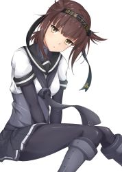 Rule 34 | 1girl, between legs, black gloves, black neckwear, black pantyhose, black skirt, boots, brown eyes, brown hair, elbow gloves, gloves, grey footwear, hand between legs, hatsuzuki (kancolle), head tilt, headband, highres, hoshimiya mashiro, invisible chair, kantai collection, knee boots, long hair, looking at viewer, miniskirt, pantyhose, pleated skirt, shiny clothes, simple background, sitting, skirt, solo, white background