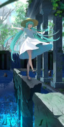 Rule 34 | 1girl, absurdres, aqua hair, black footwear, closed eyes, dress, full body, hat, hatsune miku, hidulume, high heels, highres, long hair, open mouth, outdoors, overgrown, rock, ruins, scenery, short sleeves, smile, solo, straw hat, sun hat, tree, twintails, very long hair, vocaloid, walking, water, white dress