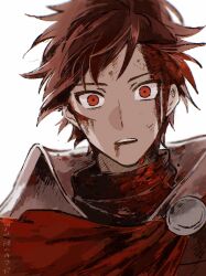 Rule 34 | 1boy, absurdres, blood, blood on face, diamant (fire emblem), fire emblem, fire emblem engage, high collar, highres, injury, looking at viewer, male focus, nintendo, open mouth, red eyes, red hair, short hair, solo, teeth, upper teeth only, white background, yoi0763
