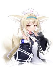 Rule 34 | 1girl, alternate costume, animal ears, arknights, bare shoulders, black coat, blonde hair, blue hairband, braid, braided hair rings, chinese commentary, coat, commentary, fox ears, fox tail, hairband, has bad revision, has downscaled revision, hat, highres, looking at viewer, md5 mismatch, multiple tails, nurse, nurse cap, resolution mismatch, scup, simple background, solo, source smaller, suzuran (arknights), tail, upper body, white background, yellow eyes