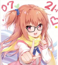 Rule 34 | 1girl, :d, bad id, bad pixiv id, black-framed eyewear, blue bow, blue scrunchie, blush, bow, brown hair, cannian dada, dress shirt, glasses, hair between eyes, hair ornament, hair scrunchie, heart, highres, inaba meguru, jacket, koi dance, long hair, long sleeves, one side up, open clothes, open jacket, open mouth, pink jacket, red eyes, round teeth, sanoba witch, scarf, scrunchie, shirt, sidelocks, smile, solo, star (symbol), teeth, upper teeth only, very long hair, white shirt, yellow scarf