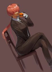 Rule 34 | 1girl, burger, crossed legs, dan koflove, eating, food, formal, gloves, hair over eyes, highres, jacket, long hair, low twintails, necktie, open mouth, ponytail, red hair, shermie (kof), sitting, solo, suit, suit jacket, the king of fighters, twintails