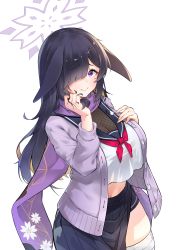 Rule 34 | 1girl, absurdres, animal ears, blue archive, breasts, cardigan, cleavage, closed mouth, coke0502, crop top, halo, head rest, highres, large breasts, looking at viewer, lop rabbit ears, purple eyes, purple hair, rabbit ears, school uniform, see-through, see-through cleavage, serafuku, skirt, solo, thick thighs, thighhighs, thighs, tsukuyo (blue archive), white background