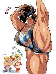 Rule 34 | 1girl, 2boys, ass, biff slamkovich, black widow (muscle bomber), boots, breasts, brown eyes, brown hair, cameltoe, capcom, chibi, cleavage, doboshiru, gunloc, headband, highres, huge ass, huge breasts, leg up, leotard, leotard under clothes, lying, multiple boys, muscle bomber, muscular, muscular female, on stomach, open mouth, short shorts, shorts, side ponytail, slingshot swimsuit, smile, standing, standing on one leg, swimsuit, thick thighs, thighs, translation request