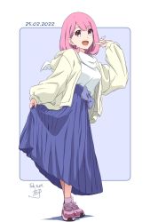 Rule 34 | 1girl, :d, blue background, blue skirt, cardigan, clothes lift, dated, hand up, highres, long sleeves, looking at viewer, medium hair, nii manabu, open mouth, original, pink eyes, pink footwear, pink hair, pleated skirt, shoes, signature, simple background, skirt, skirt lift, smile, sneakers, solo, standing, sweater, v, white background, white cardigan, white sweater