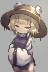 Rule 34 | 1girl, blonde hair, blunt bangs, bright pupils, brown hat, chii (tsumami tsumamare), closed eyes, closed mouth, cowboy shot, grey background, hat, highres, long sleeves, looking at viewer, moriya suwako, own hands together, purple vest, short hair, simple background, smile, solo, standing, touhou, turtleneck, vest, white pupils, wide sleeves, yellow eyes