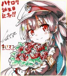 Rule 34 | 1girl, armband, black hair, black hat, black jacket, blush, bouquet, closed mouth, commentary request, cura, dated, flower, hair rings, hat, head tilt, highres, jacket, long hair, long sleeves, looking at viewer, maitetsu, peaked cap, red eyes, red flower, red rose, rose, shikishi, signature, sketch, smile, solo, traditional media, very long hair