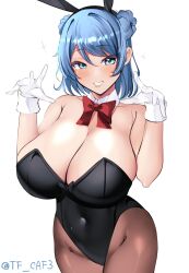 Rule 34 | 1girl, animal ears, black leotard, blue eyes, blue hair, bow, bowtie, breasts, brown pantyhose, covered navel, cowboy shot, detached collar, double bun, fake animal ears, gloves, hair bun, highres, kantai collection, large breasts, leotard, medium hair, pantyhose, playboy bunny, rabbit ears, rabbit tail, smile, solo, strapless, strapless leotard, tail, tf cafe, traditional bowtie, twitter username, urakaze (kancolle), white gloves, wrist cuffs