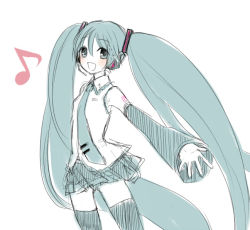 Rule 34 | 1girl, aqua hair, female focus, fumii, fummy, green theme, hatsune miku, long hair, looking at viewer, monochrome, musical note, quaver, simple background, sketch, solo, spot color, thighhighs, twintails, very long hair, vocaloid, white background, zettai ryouiki