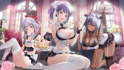 Rule 34 | 3girls, animal ears, bikini, black bow, black bowtie, black hair, black skirt, black thighhighs, black wrist cuffs, blue eyes, blue hair, bow, bowtie, breasts, cake, cake slice, chair, character request, commentary request, copyright name, curtains, dark-skinned female, dark skin, echocalypse, falling petals, flower, food, fork, frills, garter straps, gloves, grey hair, hair bow, holding, holding mop, horns, ifrit (echocalypse), lamp, large breasts, leaning forward, looking at viewer, maid, maid bikini, maid headdress, mop, multicolored hair, multiple girls, navel, niwata0, open door, open mouth, petals, pink eyes, pink flower, pink rose, plate, red bow, rose, single glove, single thighhigh, skirt, strawberry shortcake, streaked hair, swimsuit, table, thighhighs, unconventional maid, underbust, vase, white bow, white bowtie, white flower, white gloves, white rose, white thighhighs, wrist cuffs, yellow eyes, yellow flower, yellow rose