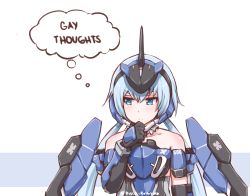 Rule 34 | 10s, 1girl, arm at side, black gloves, blue eyes, blue hair, collarbone, disco brando, elbow gloves, english text, frame arms girl, gloves, highres, long hair, looking to the side, mecha musume, off shoulder, simple background, solo, stylet, thinking, thought bubble, twintails, very long hair