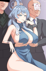Rule 34 | 1girl, 2boys, absurdres, ako (blue archive), ako (dress) (blue archive), bare shoulders, blue archive, blue dress, blue eyes, blue hair, blue halo, blue necktie, bracelet, breast hold, breasts, business suit, chain, character request, closed mouth, cuffs, doodle sensei (blue archive), drawing (object), dress, earrings, faceless, faceless male, finger to mouth, formal, gradient hair, grey jacket, grey pants, halo, halter dress, halterneck, highres, jacket, jewelry, large breasts, light smile, long hair, majinmallow, meme, multicolored hair, multiple boys, necktie, no panties, official alternate costume, pants, paper, plunging neckline, sensei (blue archive), servants holding aphrodite&#039;s breasts (meme), shackles, shuumatsu no valkyrie, side slit, sideboob, sideless dress, sitting, sleeveless, sleeveless dress, stud earrings, suit, white hair