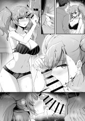 Rule 34 | 1boy, 1girl, admiral (kancolle), atlanta (kancolle), bar censor, blush, bra, breasts, censored, cleavage, earrings, fellatio, greyscale, groin, hetero, jewelry, kantai collection, large breasts, licking, licking penis, long hair, monochrome, navel, open mouth, oral, panties, penis, shigure ryuunosuke, short hair, single earring, star (symbol), star earrings, tongue, tongue out, two side up, underwear, underwear only