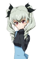 Rule 34 | 1girl, anchovy (girls und panzer), arm behind back, back bow, black ribbon, black sweater, blue dress, blush, bow, casual, closed mouth, dress, drill hair, fingersmile, girls und panzer, green hair, hair ribbon, kayabakoro, long hair, long sleeves, looking at viewer, pinafore dress, red eyes, ribbon, sleeveless dress, sleeves past wrists, smile, solo, standing, sweater, twin drills, twintails, upper body, v