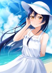 Rule 34 | 1girl, absurdres, arm behind back, bare arms, beach, blue hair, blue sky, blush, cloud, day, dress, hand in own hair, haruharo (haruharo 7315), hat, highres, long hair, looking at viewer, love live!, love live! school idol project, outdoors, sky, sleeveless, sleeveless dress, smile, solo, sonoda umi, sun hat, sundress, swept bangs, white dress, white hat, yellow eyes
