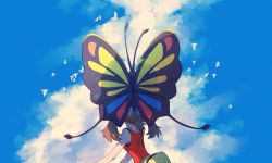 Rule 34 | 1girl, bare arms, beautifly, bird, brown hair, bug, butterfly, cloud, commentary, creatures (company), day, fanny pack, game freak, gen 3 pokemon, hairband, insect, long hair, may (pokemon), nintendo, on head, outdoors, pokemon, pokemon (creature), pokemon on head, pokemon oras, red hairband, red shirt, shirt, sky, sleeveless, sleeveless shirt, wulie errr, yellow bag