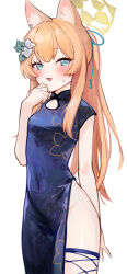 Rule 34 | 1girl, animal ear fluff, animal ears, black dress, blue archive, blue eyes, blush, cat ears, china dress, chinese clothes, cowboy shot, dress, flower, hair flower, hair ornament, halo, highres, ito uuu, long hair, looking at viewer, mari (blue archive), open mouth, orange hair, short sleeves, simple background, smile, solo, white background, white flower, yellow halo