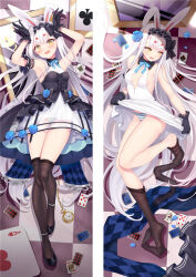 Rule 34 | 1girl, ace (playing card), ace of clubs, ace of hearts, ace of spades, animal ears, arm garter, armpits, arms up, ass, azur lane, bare legs, bare shoulders, black bow, black gloves, blue bow, blue flower, blush, bodice, bow, bow panties, breasts, card, center opening, checkered floor, clothes lift, club (shape), commentary request, curly hair, dakimakura (medium), dress, dress lift, embarrassed, flower, full body, gloves, hair between eyes, hair bow, hair flower, hair ornament, hairband, hands on own head, heart, hip focus, knee up, lifting own clothes, lolita hairband, long hair, looking down, looking to the side, lying, mirror, moeanime, on back, on side, open mouth, panties, playing card, pocket watch, rabbit ears, rabbit girl, rabbit pose, see-through, see-through dress, shimakaze (azur lane), shimakaze (the white rabbit of wonderland) (azur lane), small breasts, spade (shape), striped clothes, striped panties, thigh gap, thighhighs, thighhighs pull, thighs, underwear, very long hair, watch, white dress, white hair, yellow eyes
