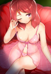 Rule 34 | 10s, 1girl, babydoll, bare arms, bare shoulders, blush, breasts, collarbone, cross, from above, guranyto, head tilt, lifting own clothes, light frown, looking at viewer, looking up, love live!, love live! school idol project, medium breasts, medium hair, navel, nipple slip, nipples, nishikino maki, no bra, one eye closed, panties, pink panties, polka dot, purple eyes, red hair, see-through, shiny skin, sitting, solo, stomach, strap lift, swept bangs, thighs, underwear, underwear only
