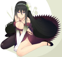 Rule 34 | 1girl, asymmetrical legwear, bare shoulders, between legs, black footwear, black hair, black thighhighs, breasts, cleavage, collarbone, dress, elbow gloves, female focus, flower, full body, gloves, hair between eyes, hair flower, hair ornament, hairband, hand between legs, large breasts, long hair, looking at viewer, mismatched legwear, original, red dress, red ribbon, ribbon, shiny skin, shoes, side slit, simple background, sitting, smile, solo, sts, thighhighs, very long hair, wariza, white gloves