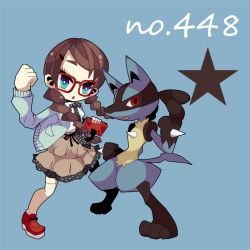 Rule 34 | 1girl, bad id, bad pixiv id, blue eyes, book, braid, clenched hand, creatures (company), dress, game freak, gen 4 pokemon, glasses, gloves, hair ribbon, holding, long hair, lucario, ngayope, nintendo, open mouth, pokemon, pokemon (creature), polka dot, red-framed eyewear, red eyes, ribbon, star (symbol), sweater, thighhighs, twin braids, white thighhighs