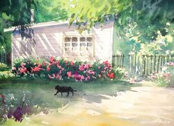 Rule 34 | animal, animal focus, building, cat, day, fence, flower, iron fence, nara watercolor, no humans, original, pink flower, scenery, shadow, sunlight, tree, window