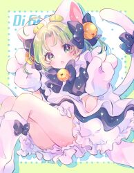 Rule 34 | 1girl, absurdres, animal ears, animal hands, animal hat, apron, bell, blue bow, blue dress, blush, bow, cat day, cat ears, cat hat, cat tail, copyright name, dejiko, di gi charat, dress, gloves, green eyes, green hair, hair bell, hair bow, hair ornament, hat, highres, jingle bell, looking at viewer, maid apron, open mouth, paw gloves, paw shoes, puffy short sleeves, puffy sleeves, short hair, short sleeves, sitting, solo, tail, tail bow, tail ornament, usa (muchuchu), white footwear, white hat