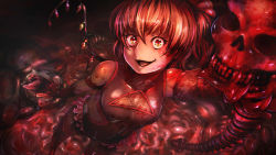Rule 34 | 1girl, blood, blood on clothes, blood on face, blood on hands, blood on skeleton, bodysuit, breasts, cleavage cutout, clothing cutout, crazy smile, creepy, crystal, dark, death, demon wings, elbow gloves, enbanzyou, evil smile, fishnets, flandre scarlet, frills, from above, gloves, guro, hair between eyes, hangetsuban sonshou, highres, horror (theme), leotard, lips, looking at viewer, monster, ninja, parody, pool of blood, red eyes, short hair, side ponytail, skull, slit pupils, small breasts, smile, solo, spine, taimanin (series), taimanin asagi, taimanin suit, teeth, tongue, tongue out, touhou, vampire, wings, yellow eyes