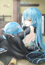Rule 34 | 1other, backless outfit, black pants, black sleeves, blue hair, blush, detached sleeves, friedric88, hair between eyes, highres, indoors, long hair, long sleeves, looking to the side, open mouth, pants, rimuru tempest, slime (creature), solo, sword, tensei shitara slime datta ken, very long hair, weapon, yellow eyes