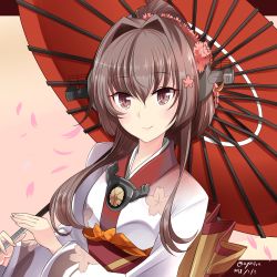 Rule 34 | 1girl, brown eyes, brown hair, cherry blossoms, commentary request, dated, headgear, hebitsukai-san, highres, japanese clothes, kantai collection, kimono, long hair, oil-paper umbrella, ponytail, red umbrella, smile, solo, twitter username, umbrella, upper body, very long hair, yamato (kancolle)