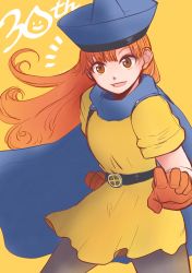 Rule 34 | 1girl, alena (dq4), belt, brown eyes, cape, curly hair, dragon quest, dragon quest iv, dress, ginga1015, gloves, hat, highres, long hair, looking at viewer, open mouth, pantyhose, simple background, skirt, smile, solo