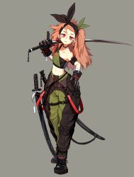 Rule 34 | 1girl, bandages, bandaged arm, bandages, bandaid, bandaid on neck, black bow, black footwear, bow, braid, brown gloves, buckle, closed mouth, gloves, green bow, grey background, hand on own hip, highres, holding, holding sword, holding weapon, katana, medium hair, navel, orange hair, original, over shoulder, pouch, red eyes, rinotuna, scabbard, sheath, simple background, slit pupils, solo, standing, sword, weapon, weapon over shoulder