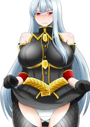 Rule 34 | 00s, 1girl, bare shoulders, blue hair, breasts, clothes lift, gloves, impossible clothes, impossible shirt, jean-louis (yuasa rengou), large breasts, long hair, panties, red eyes, selvaria bles, senjou no valkyria, senjou no valkyria (series), senjou no valkyria 1, shirt, shirt lift, simple background, skirt, skirt lift, solo, underwear, upskirt, white panties
