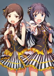 Rule 34 | 10s, 2girls, absurdres, ayano yuu (sonma 1426), black hair, black vest, blue eyes, brown eyes, brown hair, cowboy shot, frilled skirt, frills, gradient background, hand on own chest, highres, holding, holding microphone, idolmaster, idolmaster million live!, kitazawa shiho, long hair, looking at viewer, microphone, mogami shizuka, multiple girls, open mouth, outstretched arm, parfait noir (idolmaster), simple background, skirt, striped clothes, striped skirt, vest