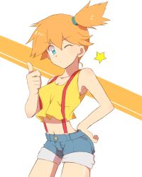 Rule 34 | 1girl, bad id, bad pixiv id, blue eyes, creatures (company), game freak, hand on own hip, midriff, misty (pokemon), navel, nintendo, one eye closed, orange hair, pokemon, pokemon (anime), pokemon (classic anime), revision, short hair, shorts, side ponytail, solo, sooya, star (symbol), suspenders, thumbs up, wink