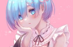 Rule 34 | 1girl, blue eyes, blue hair, blush, commentary request, detached sleeves, frilled sleeves, frills, hair ornament, hair ribbon, hand on own cheek, hand on own face, heart, highres, looking at viewer, maid, maid headdress, open mouth, pink background, pink ribbon, re:zero kara hajimeru isekai seikatsu, rem (re:zero), ribbon, ribbon-trimmed clothes, ribbon trim, rkt 0202, roswaal mansion maid uniform, short hair, simple background, solo, x hair ornament