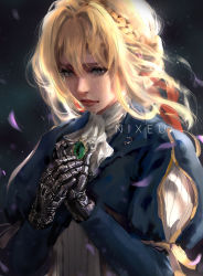 Rule 34 | 1girl, aqua eyes, artist name, blonde hair, bow, braid, crying, fantasy, hair between eyes, hair bow, hair intakes, highres, jewelry, lips, necklace, nixeu, petals, prosthesis, prosthetic arm, puffy sleeves, red bow, solo, violet evergarden, violet evergarden (series), wind