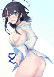 Rule 34 | 1girl, artist request, ass, bare shoulders, black hair, blue background, blue eyes, blue ribbon, blush, breasts, dress, fate/grand order, fate/requiem, fate (series), gradient background, highres, large breasts, long sleeves, looking at viewer, magatama, magatama hair ornament, medium hair, multicolored hair, open mouth, pelvic curtain, pink hair, puffy long sleeves, puffy sleeves, ribbon, seigaiha, short dress, sideboob, sideless outfit, sidelocks, streaked hair, thighs, utsumi erice
