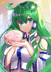 Rule 34 | absurdres, afueeriru, aqua eyes, artist self-insert, bare shoulders, breasts, collared shirt, detached sleeves, flower, frog hair ornament, gohei, hair ornament, hair tubes, highres, holding, holding flower, japanese clothes, kochiya sanae, large breasts, miko, nontraditional miko, rose, shirt, sleeveless, sleeveless shirt, snake hair ornament, solo, touhou, white shirt