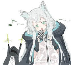 Rule 34 | 1girl, 1other, :o, animal ear fluff, animal ears, arknights, arms up, black gloves, black jacket, cat ears, doctor (arknights), dress, eighth note, fingerless gloves, gloves, glowstick, grey hair, hood, hood down, hooded jacket, jacket, leaning to the side, microphone, microphone stand, musical note, open clothes, open jacket, open mouth, rosmontis (arknights), sanma (tabet ), shirt, simple background, white background, white dress, white shirt