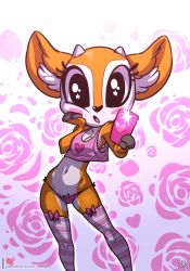 Rule 34 | 1girl, aggressive retsuko, antelope, atryl, black eyes, breasts, brown fur, cellphone, cleavage, floral background, furry, furry female, heart, highres, holding, holding cellphone, holding phone, horns, medium breasts, midriff, navel, outline, panties, phone, pink panties, pink ribbon, pink shirt, pink thighhighs, ribbon, ribbon bow, selfie, shirt, simple background, solo, striped clothes, striped thighhighs, thighhighs, tsunoda (aggretsuko), underwear, white fur, white outline