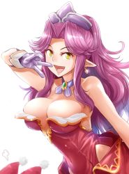 Rule 34 | 2girls, :d, puff of air, angela (seiken densetsu 3), backless dress, backless outfit, blue neckwear, breasts, brooch, charlotte (seiken densetsu 3), cleavage, commentary, covered navel, dress, earrings, fang, fume, gloves, hair intakes, hat, highres, jewelry, kitayama miuki, large breasts, leaning forward, long hair, looking at viewer, multiple girls, neck ribbon, open mouth, pointy ears, ponytail, purple gloves, purple hair, purple headwear, red dress, red headwear, ribbon, seiken densetsu, seiken densetsu 3, sidelocks, simple background, smile, standing, strapless, strapless dress, v, white background, yellow eyes