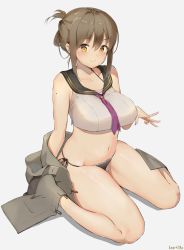 Rule 34 | 1girl, aymusk, bare arms, bare shoulders, black panties, breasts, brown hair, crop top, folded ponytail, grey jacket, grey shirt, groin, highres, jacket, large breasts, long hair, looking at viewer, mole, mole on shoulder, mole on thigh, mole under eye, navel, necktie, off shoulder, open clothes, open jacket, orange eyes, original, panties, sailor collar, sailor shirt, shirt, side-tie panties, sidelocks, simple background, sitting, skindentation, sleeveless, sleeveless shirt, smile, solo, stomach, string panties, thighs, underwear, wariza, white background