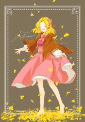 Rule 34 | 1girl, autumn leaves, barefoot, blonde hair, border, bow, bowtie, closed eyes, collared dress, commentary, cursive, dated, dress, english text, facing viewer, female focus, flower, fringe trim, full body, grey background, hair bow, hair flower, hair ornament, highres, ho ji chan47, hood, hood down, long sleeves, maria campbell, medium dress, open mouth, otome game no hametsu flag shika nai akuyaku reijou ni tensei shite shimatta, outside border, parted bangs, pink bow, pink bowtie, pink dress, shawl, short hair, skirt hold, smile, solo, standing, twitter username