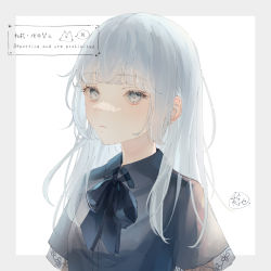 Rule 34 | 1girl, black shirt, blue bow, blue bowtie, bow, bowtie, breasts, cleavage, closed mouth, collared shirt, expressionless, grey hair, highres, looking at viewer, nyaon oekaki, original, shirt, short sleeves, simple background, solo, upper body, white background